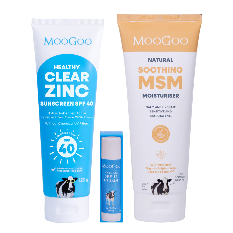 MooGoo Summer Essentials Pack on white background, bundle with SPF 40 zinc sunscreen, SPF 15 lip balm and soothing MSM moisturiser for sun care.
