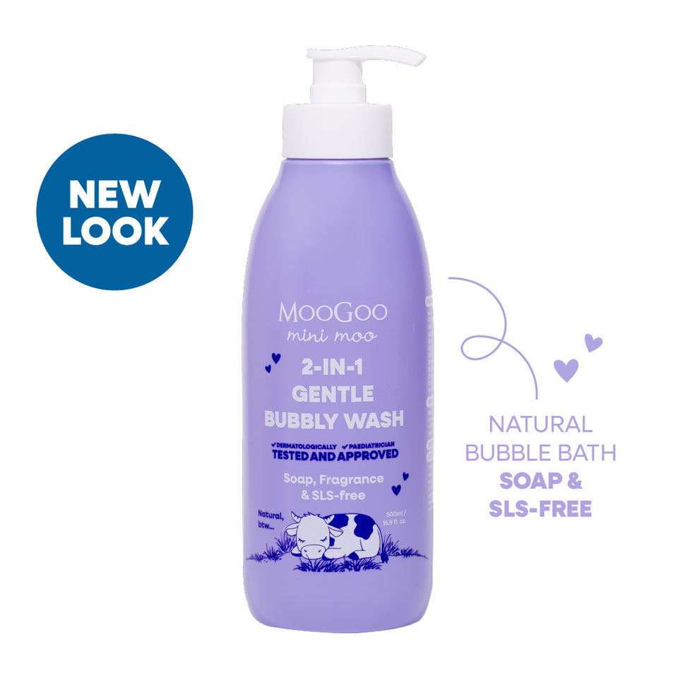 Purple bottle of MooGoo Baby and child Mini Moo 2-in-1 Gentle Bubbly Wash with pump on a white background. Natural Bubble Bath for kids. Soap & SLS Free. 