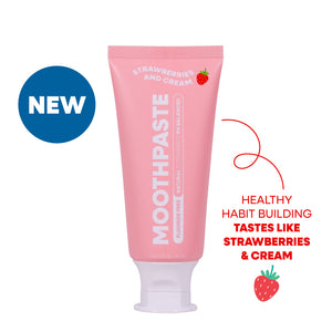 Tube of MooGoo Kids Strawberry flavoured toothpaste on a white background. Healthy habit building, tastes like Strawberry. Fluoride-free formula, safe for kids.