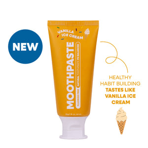 Tube of MooGoo Kids Vanilla flavoured toothpaste on a white background. Healthy habit building, tastes like Vanilla. Fluoride-free formula, safe for kids.
