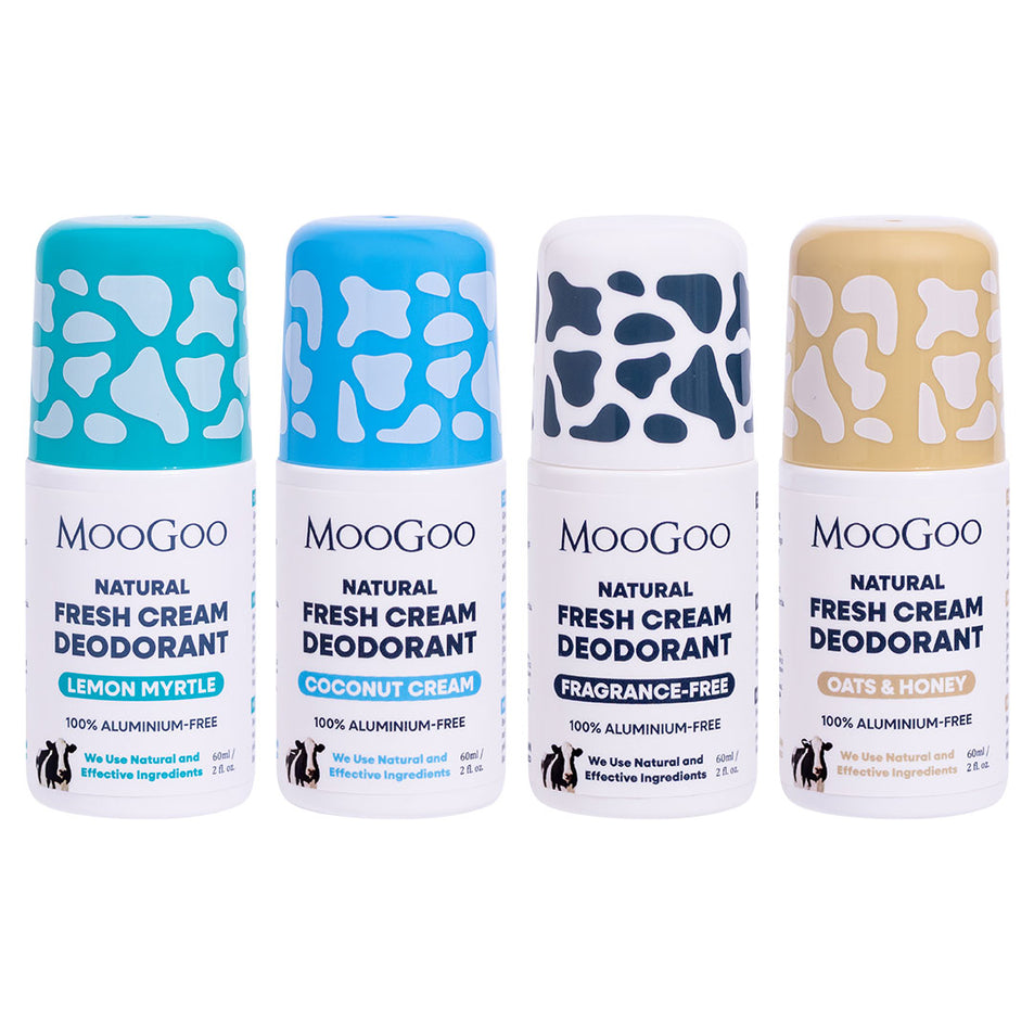 MooGoo Natural Fresh Cream Deodorant Super Fan Value Set with Coconut Cream, Lemon Myrtle, Oats & Honey and Sensitive fragrance free, 100% aluminium free