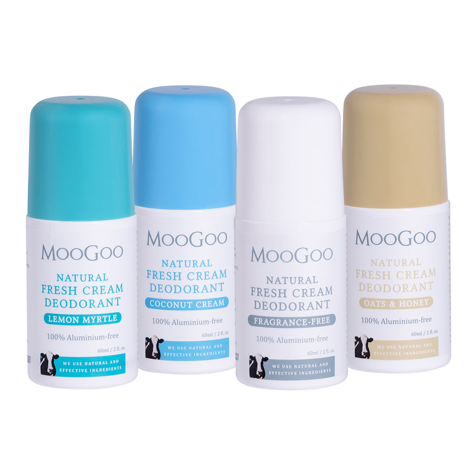 MooGoo Natural Fresh Cream Deodorant Super Fan Value Set with Coconut Cream, Lemon Myrtle, Oats & Honey and Sensitive fragrance free, 100% aluminium free