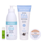 MooGoo Dry Skin Rescue Pack with four products for dry skin, including Milk Wash, Shea Sorbet, Full Cream Moisturiser and Cow Lick Lip Balm, for skin repair and barrier protection.