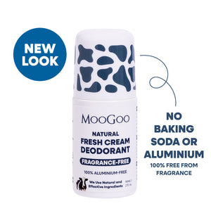 MooGoo Natural Fresh Cream Fragrance-Free Deodorant roll-on bottle with a white body and dark blue cow-print cap, shown on a white background. Baking soda, fragrance, aerosol and aluminium free. For delicate underarms. 