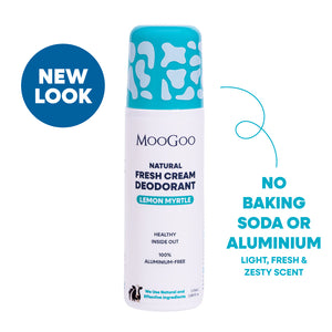 MooGoo Lemon Myrtle deodorant   shown on plain white background, natural Aluminium free roll-on formula to control odour without irritation
