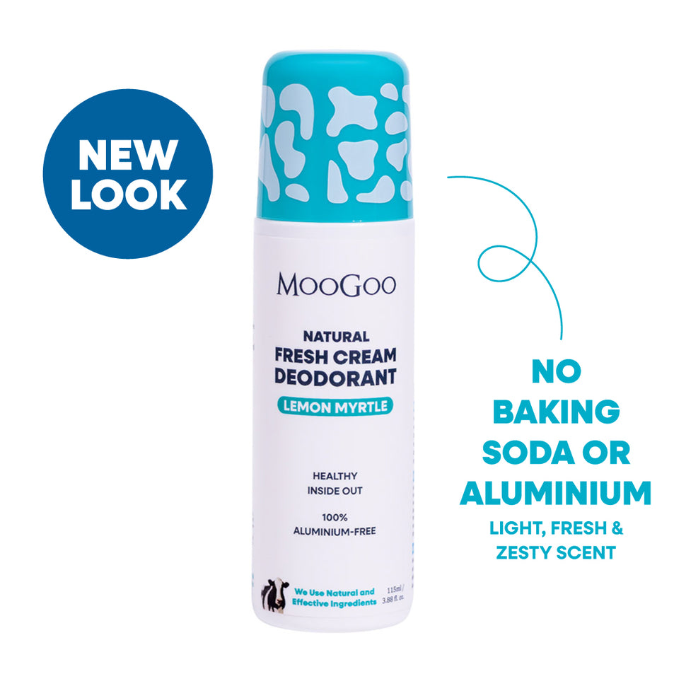 MooGoo Lemon Myrtle deodorant   shown on plain white background, natural Aluminium free roll-on formula to control odour without irritation