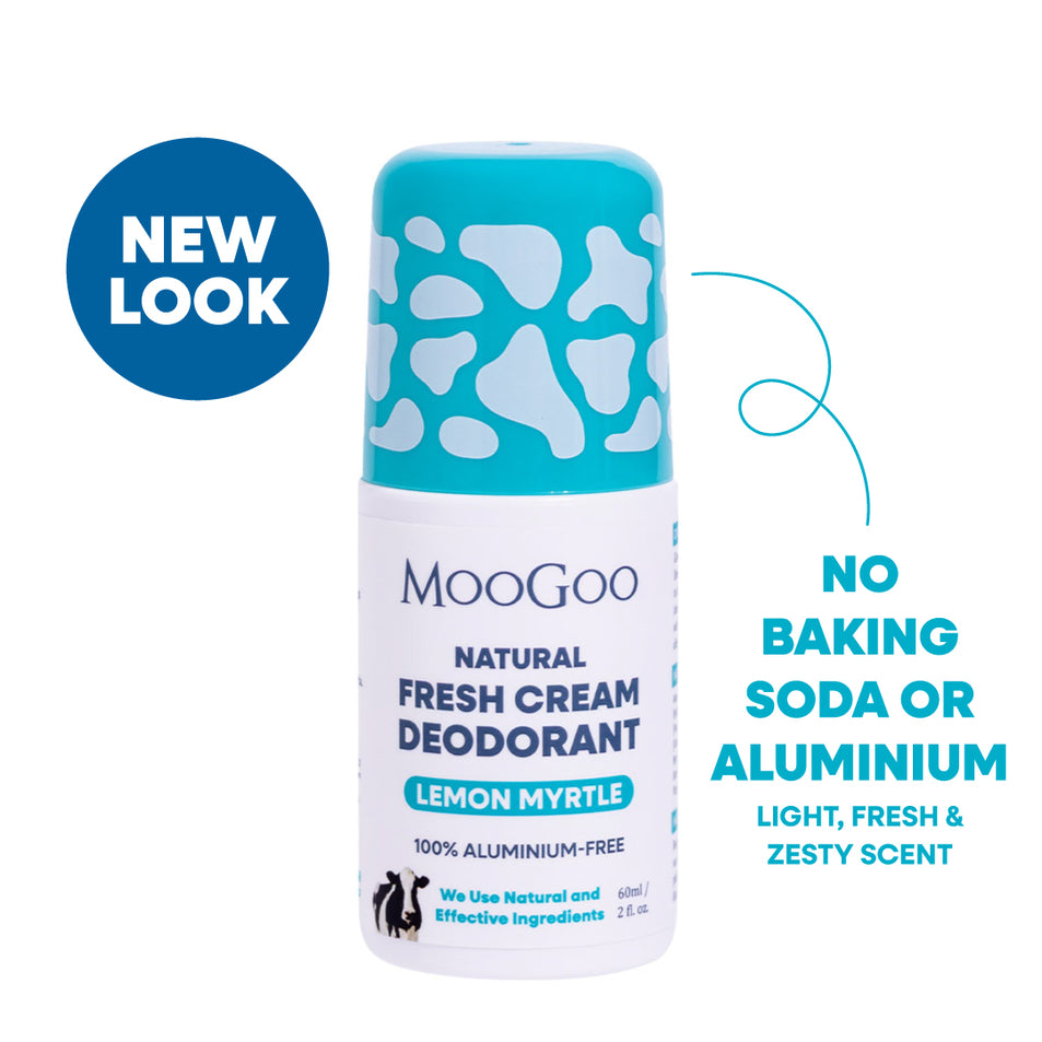 MooGoo Natural Fresh Cream Deodorant roll-on in Lemon Myrtle scent, featuring a turquoise and white cow-print cap and white label. Includes a blue 'NEW LOOK' badge and text highlighting no baking soda or aluminium.