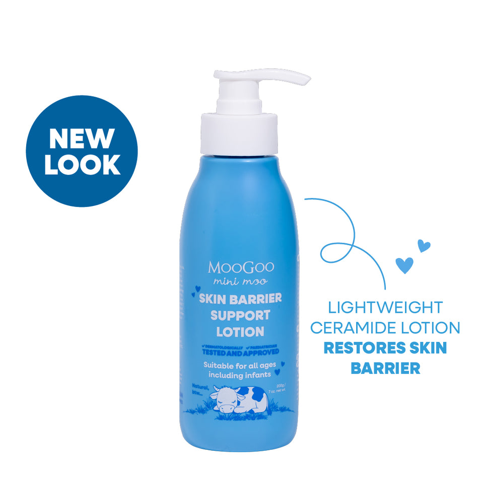 MooGoo baby and child Mini Moo Skin Barrier Support Lotion with ceramides 200g in a blue pump bottle, shown on a white background. Lightweight ceramide moisturiser for delicate skin to help restore the skin barrier. 