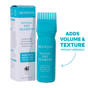 MooGoo natural dry shampoo with packaging and comb applicator on a white background