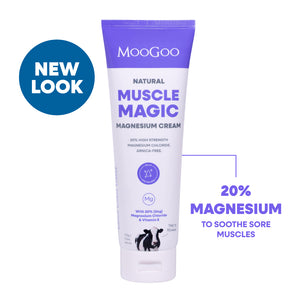 MooGoo Natural Muscle Magic Magnesium Cream in a white squeeze tube with a purple cap, shown on a white background. With 20% Magnesium to soothe sore muscles. Soothing skin and relieving muscle tension.