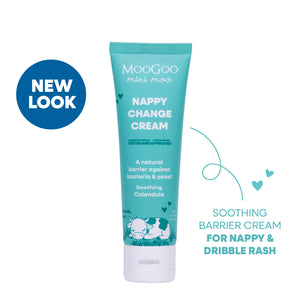 MooGoo Baby & Child Natural Nappy Balm on white background, paediatrician approved, calms and protects baby's skin against nappy rash.