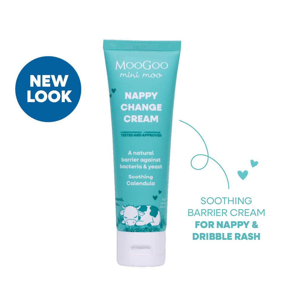 MooGoo Baby & Child Natural Nappy Balm on white background, paediatrician approved, calms and protects baby's skin against nappy rash.
