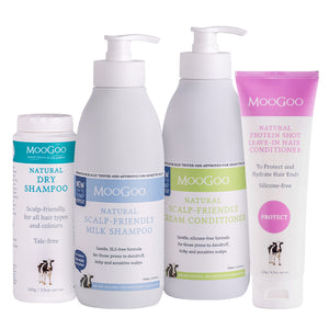 MooGoo 4-piece Scalp & Hair Care pack including Milk Shampoo 500ml, Cream Conditioner 500ml, Dry Shampoo 100g, and Protein Shot Leave-In Conditioner 120g