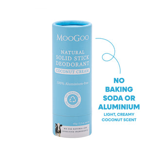 MooGoo Natural Solid Stick Deodorant in Coconut Cream scent, shown in its light blue cylindrical packaging on a white background with a blue callout graphic.