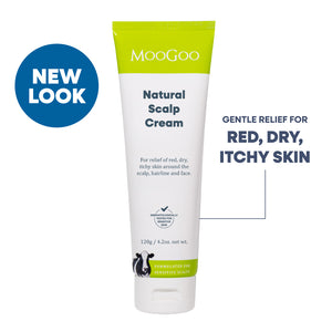 MooGoo Scalp Repair Cream in a white squeeze tube with a bright green cap, shown on a white background with text indicating relief for red, dry, and itchy skin. Olive Oil and Coconut Oil formula for seborrheic dermatitis and psoriasis. 