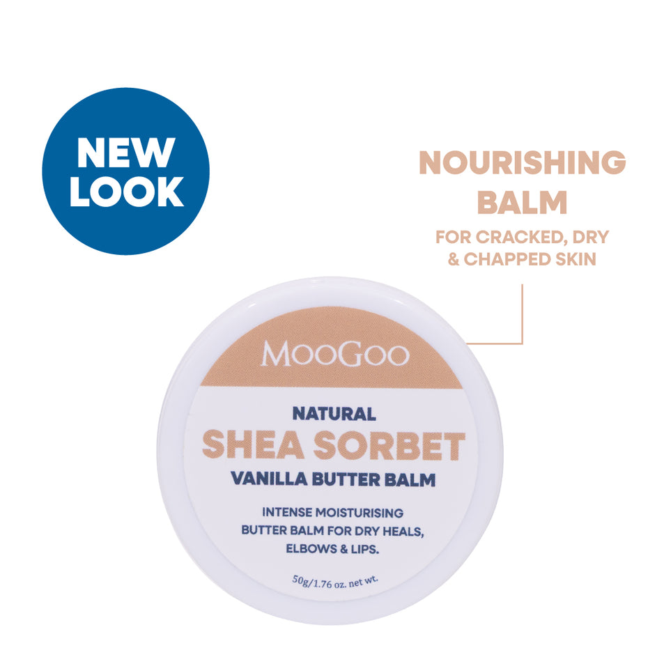 MooGoo Natural Shea Sorbet Vanilla Butter Balm in a round white jar with a white lid, featuring a beige label band on a white background. Natural butter balm for dry, chapped and cracked skin. With Hemp, Shea and Oils.