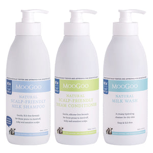 MooGoo Shower Essentials Set on white background, natural shampoo, conditioner and milk wash to hydrate skin, soothe scalp and protect hair.