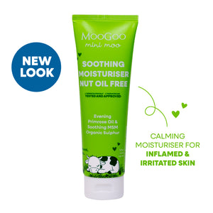 MooGoo Mini Moo Baby & Child Soothing Nut Oil Free Moisturiser on white background, gentle daily lotion for nut-sensitive children and delicate skin care. 