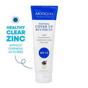 MooGoo Natural Cover Up Buttercup SPF 15 displayed on plain backdrop, light zinc moisturiser with antioxidant protection for all skin types