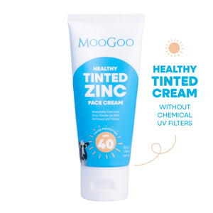 MooGoo Tinted SPF 40 Face Cream on white background, mineral zinc sunscreen with tint to smooth complexion, protect from UVA UVB, reduce redness