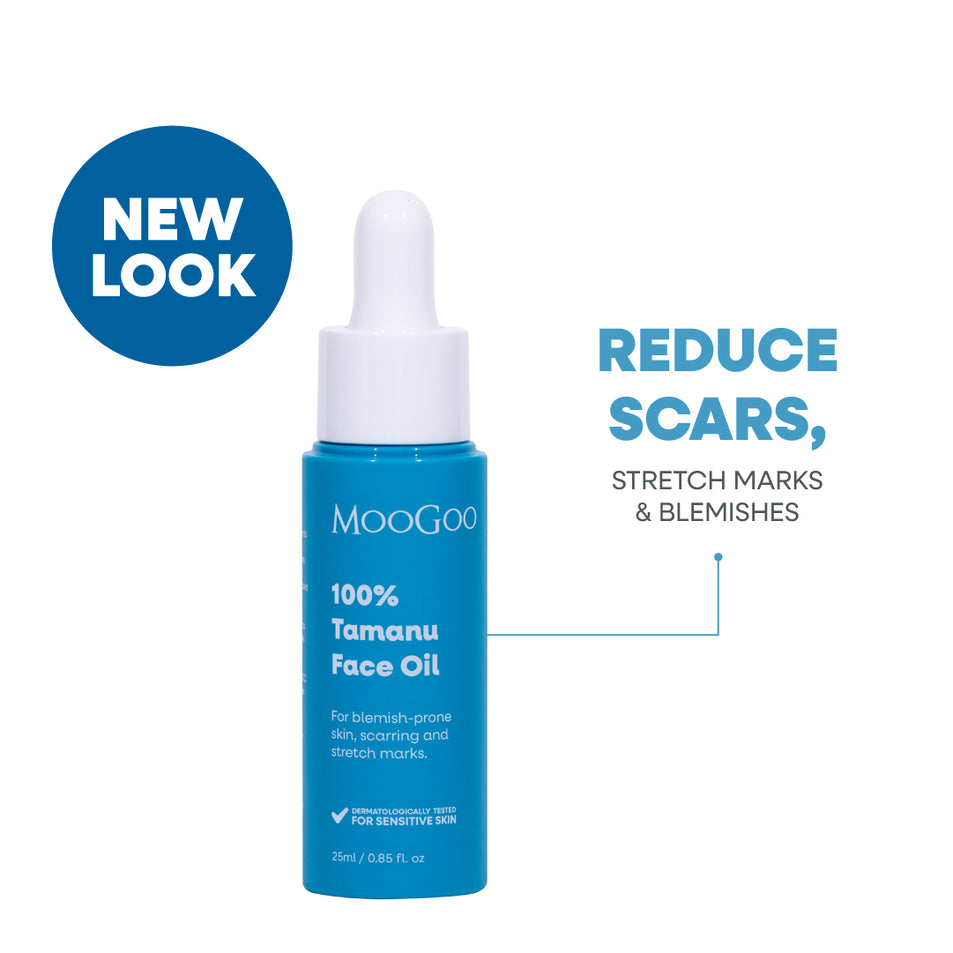 Moogoo 100% Tamanu face oil in white background. Reduce scars, stretch marks and blemishes. 