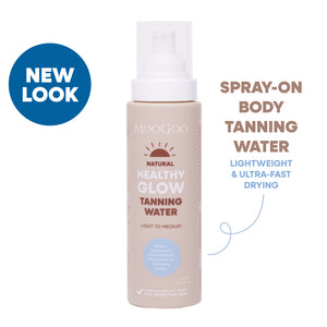 MooGoo Tanning Water Body on white background, natural spray-on self tan for sensitive skin, easy to apply and fast drying formula.
